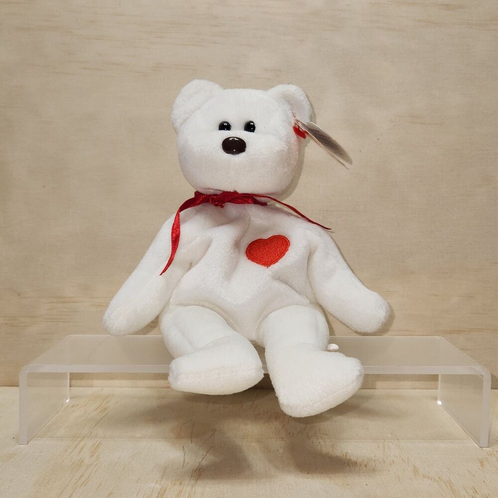 Vintage 1994 TY Valentino Bear Beanie Baby White Brown Nose Red Heart